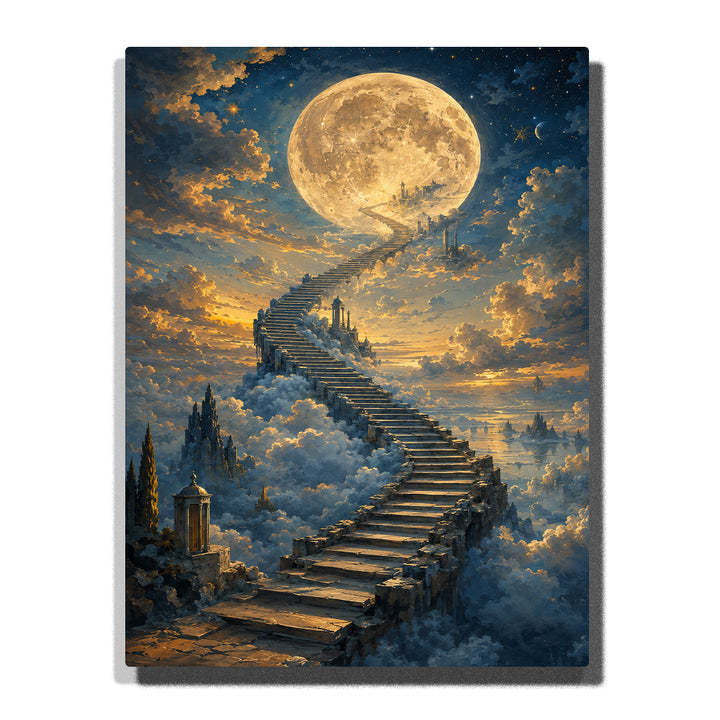 Salvador Dali inspired surreal moon stairway above clouds with glowing full moon, fantasy sky, floating path and dreamlike landscape artwork Paint by Numbers by PaintEasy