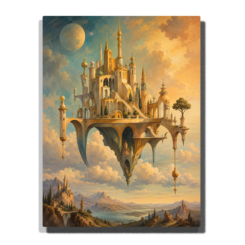 Salvador Dali inspired floating fantasy castle above clouds with magical architecture, moon, mountains and surreal dreamlike landscape artwork Paint by Numbers by PaintEasy