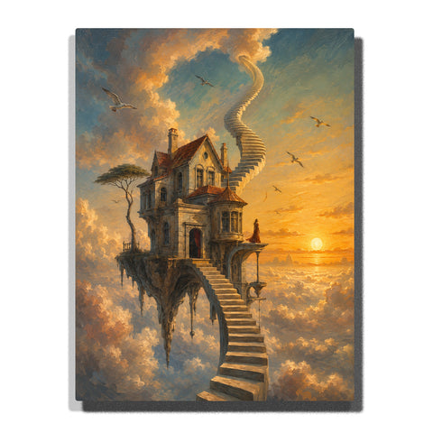 Salvador Dali inspired floating castle with endless staircase above clouds, surreal fantasy architecture, sunset sky and dreamlike landscape artwork Paint by Numbers by PaintEasy