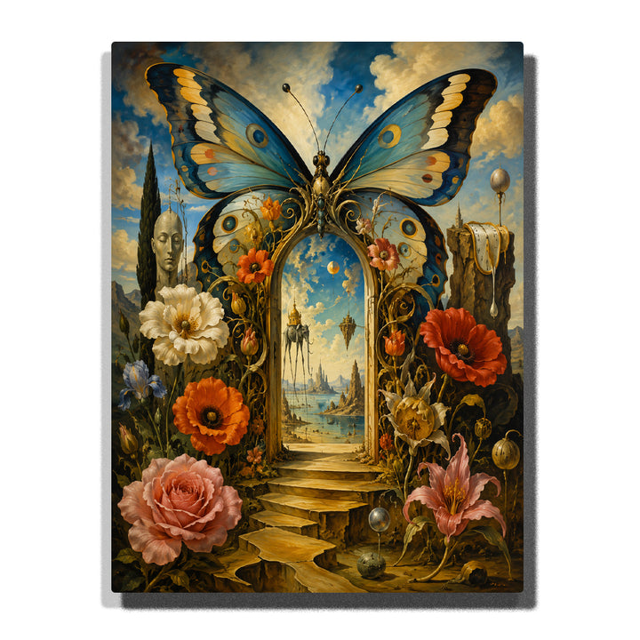 Salvador Dali inspired surreal butterfly portal with fantasy flowers, giant wings, dreamlike garden, mysterious pathway and magical landscape artwork Paint by Numbers by PaintEasy