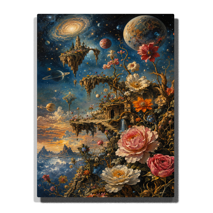 Salvador Dali inspired cosmic garden with floating islands, planets, galaxies, fantasy flowers, roses and dreamlike universe landscape artwork Paint by Numbers by PaintEasy