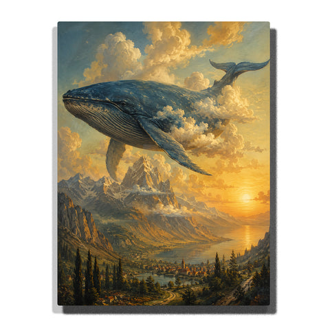 Salvador Dali inspired floating whale above mountain valley with sunset sky, clouds, forests and surreal fantasy landscape artwork Paint by Numbers by PaintEasy