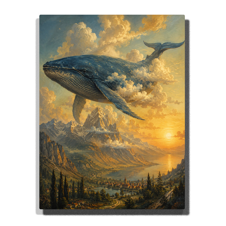 Salvador Dali inspired floating whale above mountain valley with sunset sky, clouds, forests and surreal fantasy landscape artwork Paint by Numbers by PaintEasy