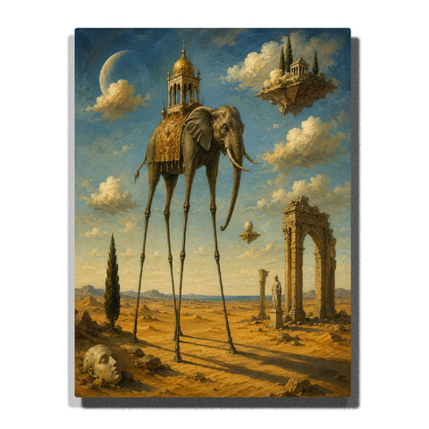 Salvador Dali inspired surreal elephant with long legs, desert ruins, floating islands, ancient architecture and dreamlike fantasy landscape Paint by Numbers by PaintEasy