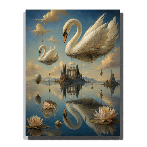 Salvador Dali inspired ethereal swan kingdom with floating islands, reflective water, lotus flowers, fantasy architecture and dreamlike landscape artwork Paint by Numbers by PaintEasy