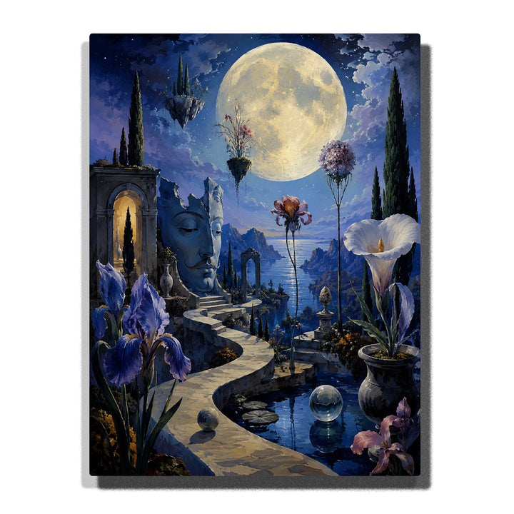 Salvador Dali inspired moonlit fantasy garden with floating islands, full moon, surreal architecture, reflective water, flowers and dreamlike night landscape artwork Paint by Numbers by PaintEasy