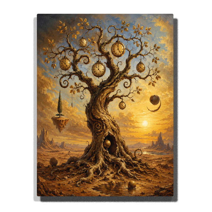 Salvador Dali inspired Tree of Time with floating clocks, twisted branches, surreal desert landscape, floating islands and dreamlike fantasy artwork Paint by Numbers by PaintEasy
