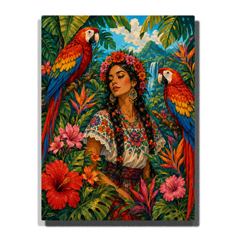 Frida Kahlo inspired woman portrait with tropical parrots, floral crown, jungle plants, colorful flowers and expressive Latin American art style Paint by Numbers by PaintEasy