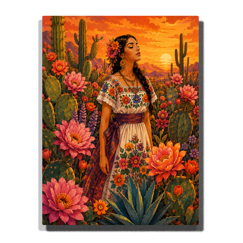 Woman in desert garden with cactus flowers, agave plants, traditional dress, sunset landscape and Frida Kahlo inspired colorful portrait artwork Paint by Numbers by PaintEasy