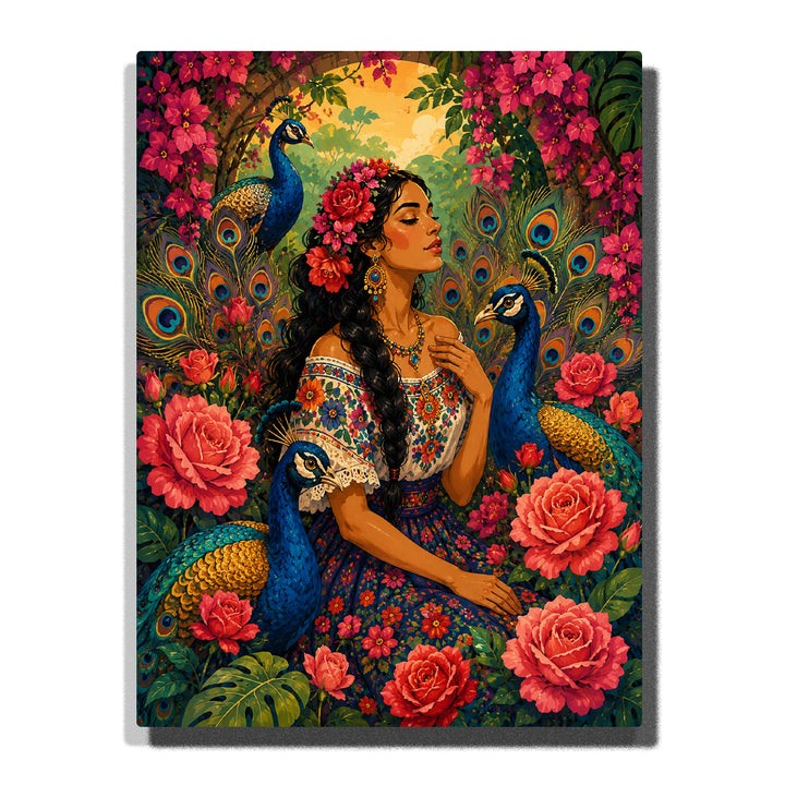 Woman surrounded by peacocks, roses, floral crown, tropical plants, traditional dress and Frida Kahlo inspired colorful portrait artwork Paint by Numbers by PaintEasy
