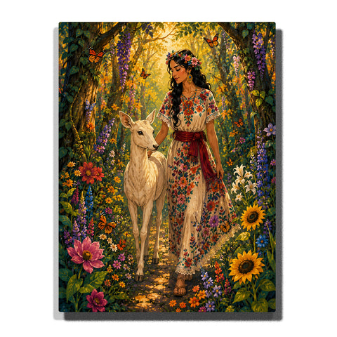 Woman walking with deer in enchanted forest garden with floral dress, butterflies, flowers, sunflowers and Frida Kahlo inspired portrait artwork Paint by Numbers by PaintEasy