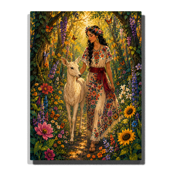 Woman walking with deer in enchanted forest garden with floral dress, butterflies, flowers, sunflowers and Frida Kahlo inspired portrait artwork Paint by Numbers by PaintEasy