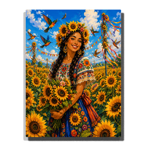 Woman holding sunflower bouquet in blooming field with hummingbirds, floral crown, embroidered dress and Frida Kahlo inspired portrait artwork Paint by Numbers by PaintEasy