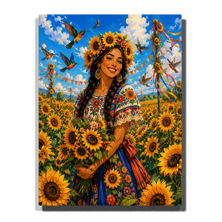 Woman holding sunflower bouquet in blooming field with hummingbirds, floral crown, embroidered dress and Frida Kahlo inspired portrait artwork Paint by Numbers by PaintEasy