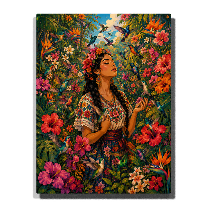 Woman surrounded by tropical flowers, hummingbirds, jungle plants, floral accessories and Frida Kahlo inspired colorful portrait artwork Paint by Numbers by PaintEasy