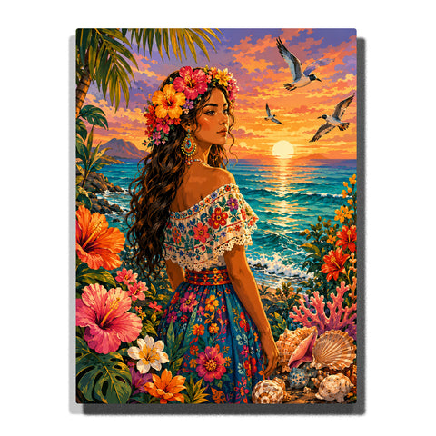 Woman by tropical ocean with sunset, hibiscus flowers, floral crown, embroidered dress, seashells and Frida Kahlo inspired portrait artwork Paint by Numbers by PaintEasy