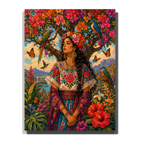 Frida Kahlo inspired woman portrait with floral crown, tropical garden, colorful birds, butterflies, flowers and traditional clothing Paint by Numbers by PaintEasy