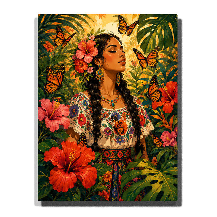 Frida Kahlo inspired woman portrait with tropical butterfly garden, hibiscus flowers, colorful butterflies, floral clothing and lush botanical artwork Paint by Numbers by PaintEasy