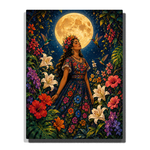 Frida Kahlo inspired woman portrait with moonlit tropical garden, hummingbirds, floral crown, colorful dress, flowers and night nature artwork Paint by Numbers by PaintEasy