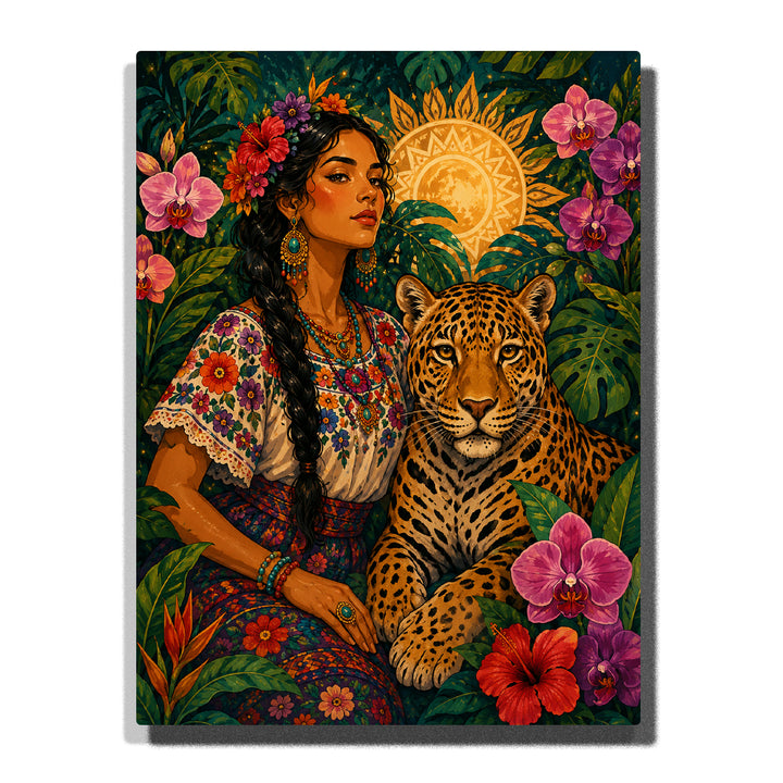 Frida Kahlo inspired woman portrait with jaguar companion, tropical jungle flowers, floral crown, embroidered clothing and wildlife artwork Paint by Numbers by PaintEasy