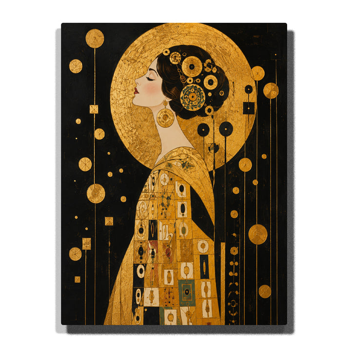Gustav Klimt inspired golden woman portrait with Art Nouveau patterns, decorative circles, gold details, black background and elegant fine art style Paint by Numbers by PaintEasy