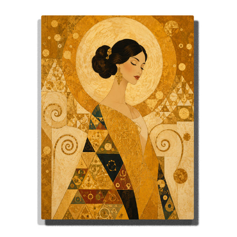 Gustav Klimt inspired golden woman portrait with Art Nouveau geometric patterns, circular halo, decorative clothing and elegant fine art style Paint by Numbers by PaintEasy
