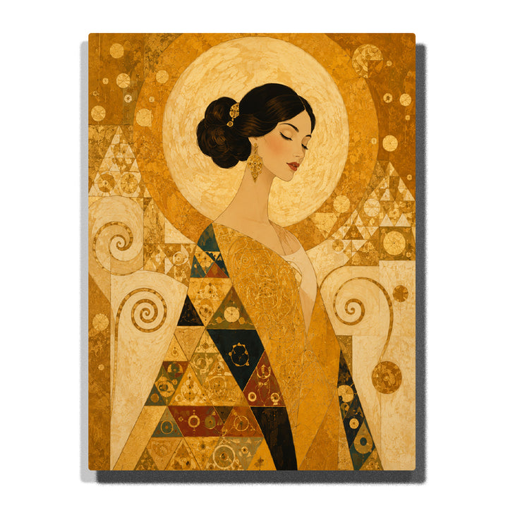 Gustav Klimt inspired golden woman portrait with Art Nouveau geometric patterns, circular halo, decorative clothing and elegant fine art style Paint by Numbers by PaintEasy