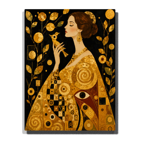 Gustav Klimt inspired elegant woman portrait with bird, Art Nouveau patterns, golden leaves, symbolic circles and elegant decorative artwork Paint by Numbers by PaintEasy