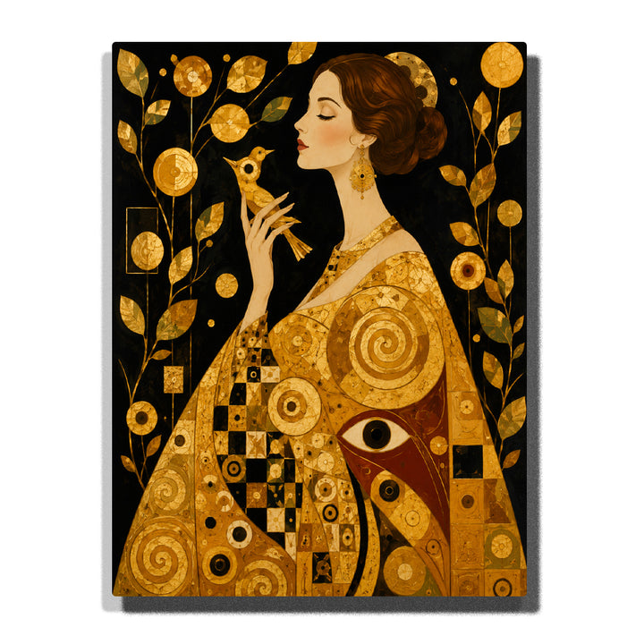 Gustav Klimt inspired elegant woman portrait with bird, Art Nouveau patterns, golden leaves, symbolic circles and elegant decorative artwork Paint by Numbers by PaintEasy