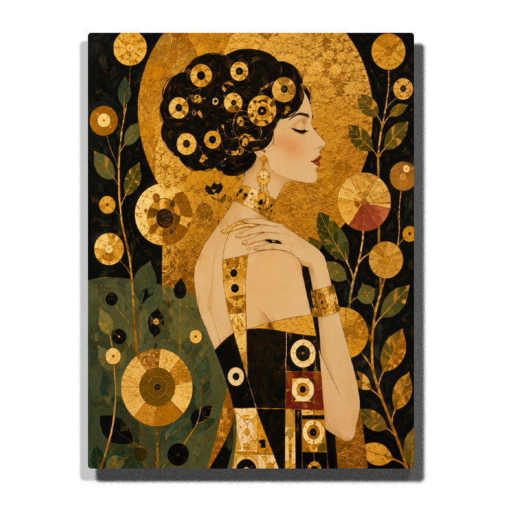 Gustav Klimt inspired golden woman profile portrait with Art Nouveau patterns, circular motifs, decorative leaves and black gold elegant artwork Paint by Numbers by PaintEasy