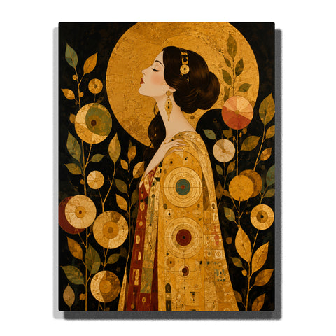 Art Nouveau woman profile with golden circles, floral patterns, decorative clothing, black gold background and Gustav Klimt inspired portrait artwork Paint by Numbers by PaintEasy