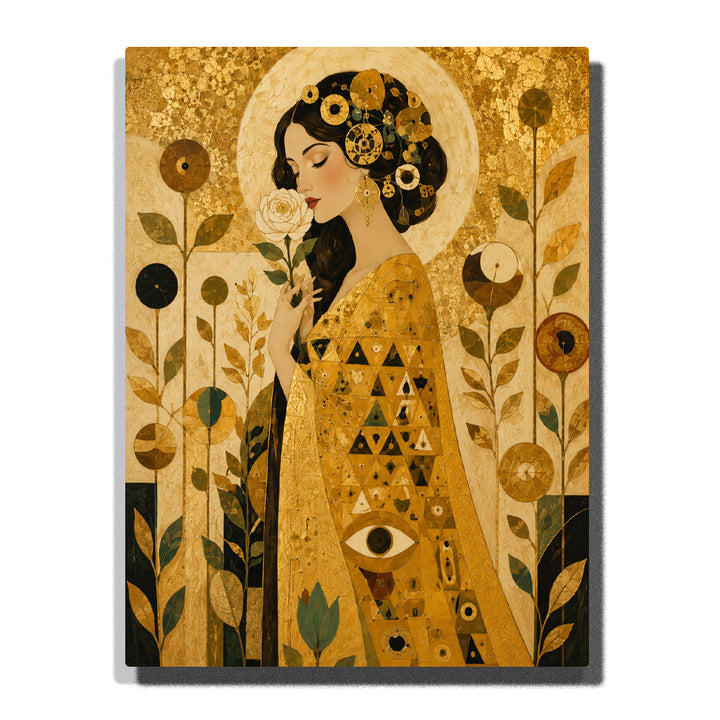 Gustav Klimt inspired woman holding white rose with golden patterns, Art Nouveau details, symbolic circles, floral elements and elegant portrait artwork Paint by Numbers by PaintEasy