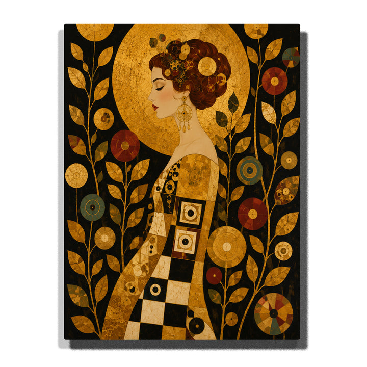 Gustav Klimt inspired Art Nouveau woman portrait with golden halo, floral branches, geometric dress patterns, circular ornaments and elegant fine art style Paint by Numbers by PaintEasy