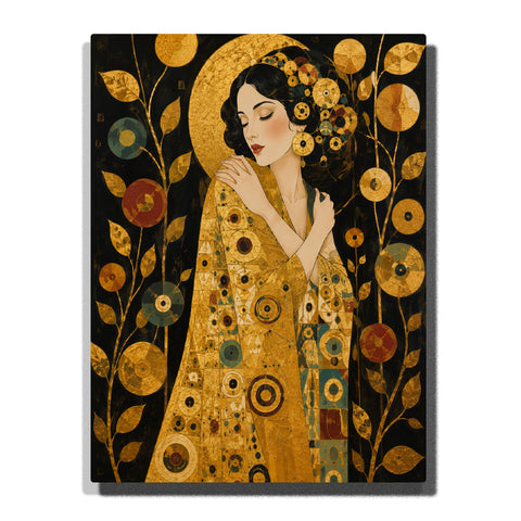 Gustav Klimt inspired elegant female figure with golden ornament patterns, symbolic circles, botanical details, black background and Art Nouveau portrait artwork Paint by Numbers by PaintEasy