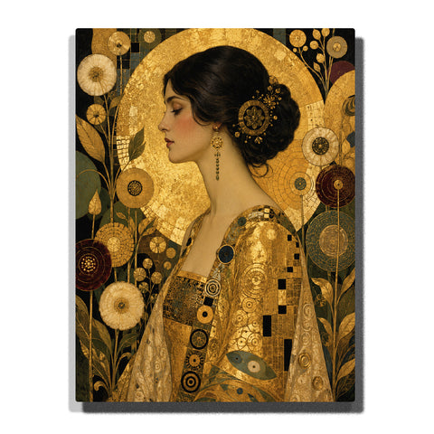 Gustav Klimt inspired golden female portrait with circular ornaments, botanical patterns, decorative clothing, Art Nouveau details and elegant fine art style Paint by Numbers by PaintEasy