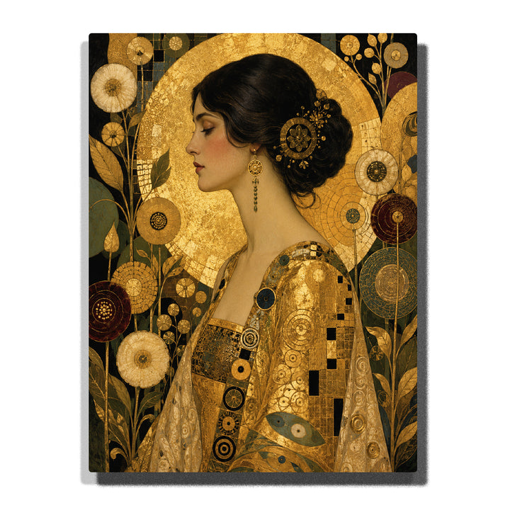 Gustav Klimt inspired golden female portrait with circular ornaments, botanical patterns, decorative clothing, Art Nouveau details and elegant fine art style Paint by Numbers by PaintEasy