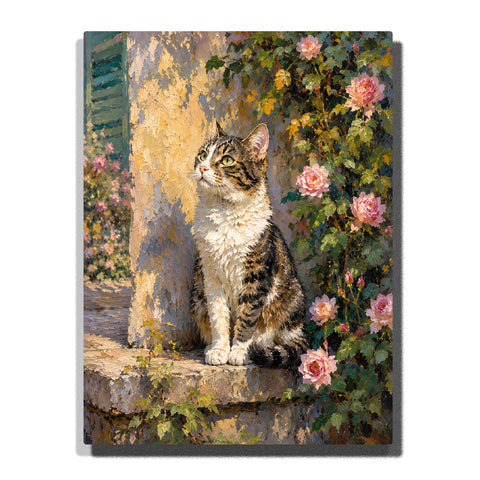 Tabby cat sitting among pink roses in impressionist garden with textured wall, sunlight, green foliage and Monet inspired oil painting style Paint by Numbers by PaintEasy