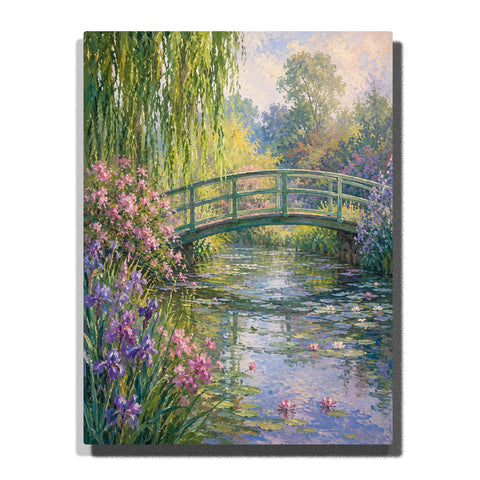 Impressionist garden bridge over pond with water lilies, willow trees, colorful flowers and Monet inspired landscape painting style Paint by Numbers by PaintEasy