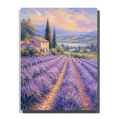 Monet inspired lavender field landscape with countryside house, cypress trees, mountains, pastel sky and impressionist brushstroke style Paint by Numbers by PaintEasy