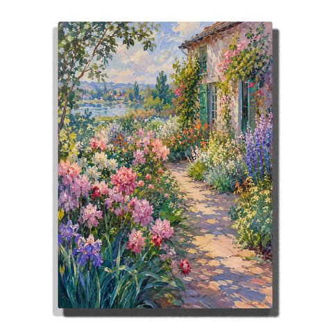 Monet inspired flower garden path with cottage house, blooming flowers, riverside view, lush greenery and impressionist landscape painting style Paint by Numbers by PaintEasy