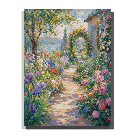 Monet inspired garden path with flower archway, blooming plants, cottage house, stone walkway and impressionist countryside landscape Paint by Numbers by PaintEasy