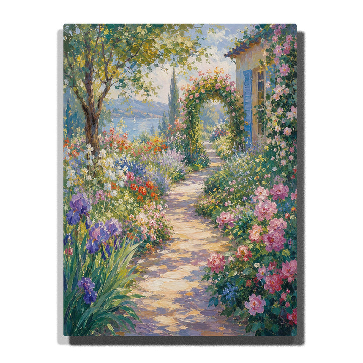 Monet inspired garden path with flower archway, blooming plants, cottage house, stone walkway and impressionist countryside landscape Paint by Numbers by PaintEasy