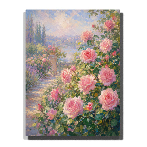 Monet inspired rose garden with blooming pink flowers, green leaves, soft landscape background and impressionist floral painting style Paint by Numbers by PaintEasy