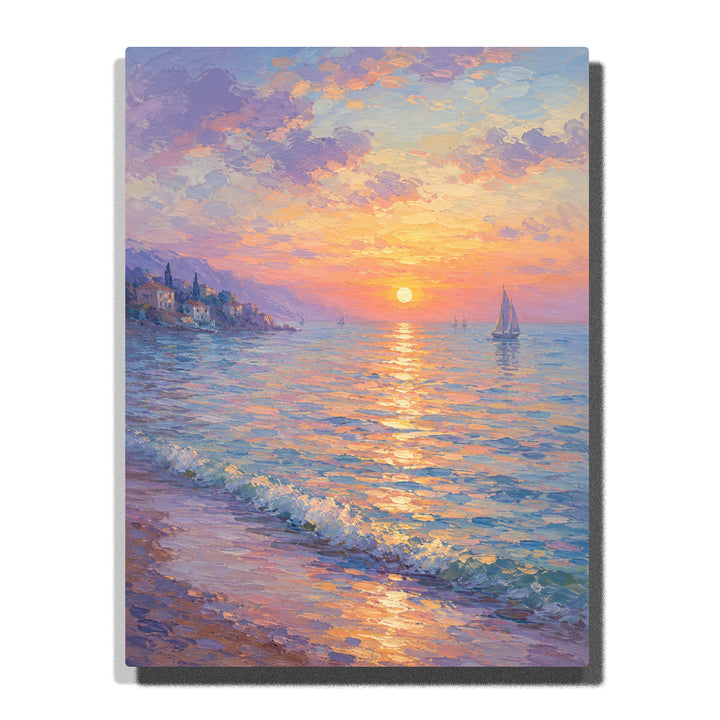 Monet inspired sunset ocean landscape with sailboat, glowing reflections, pastel sky, coastline and impressionist seaside painting style Paint by Numbers by PaintEasy