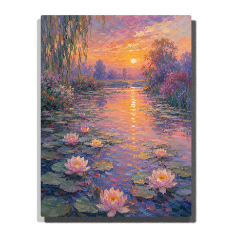 Monet inspired water lily pond at sunset with reflective water, pink flowers, willow trees, glowing sky and impressionist garden landscape Paint by Numbers by PaintEasy