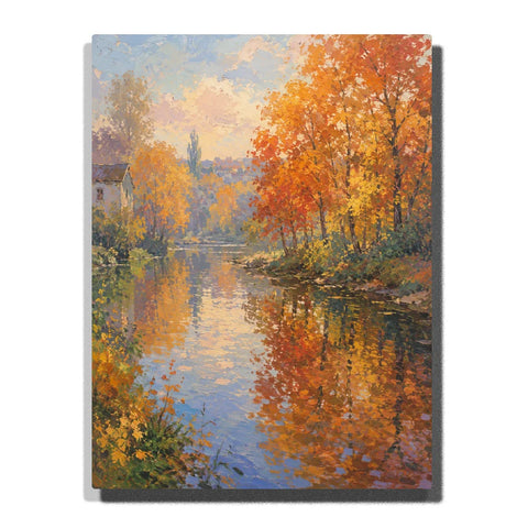 Autumn River Reflection Paint by Numbers For Adults featuring golden trees, calm water reflections, impressionist landscape and Monet inspired scenery