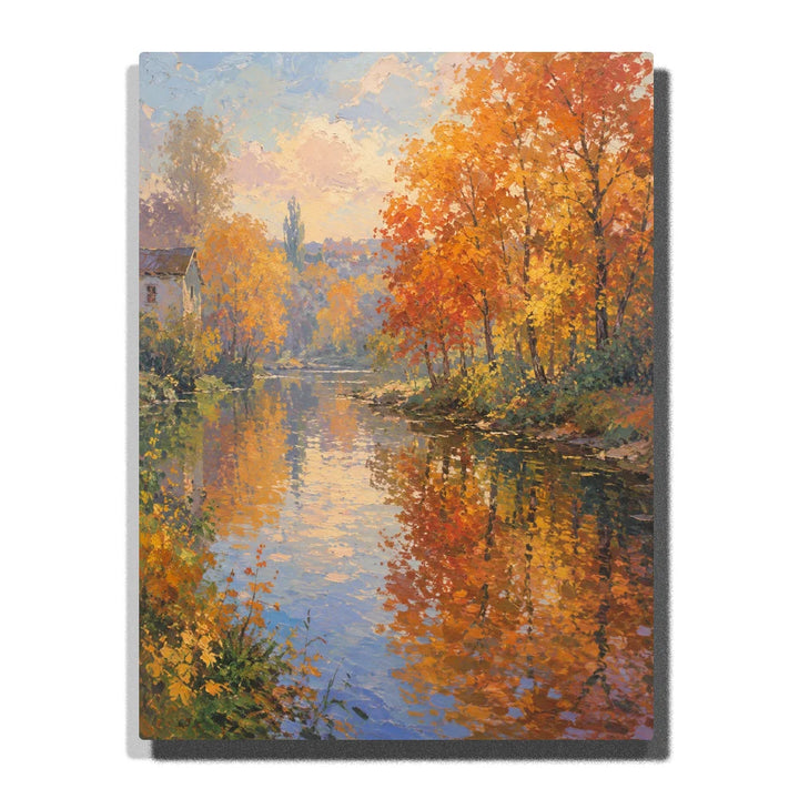 Autumn River Reflection Paint by Numbers For Adults featuring golden trees, calm water reflections, impressionist landscape and Monet inspired scenery