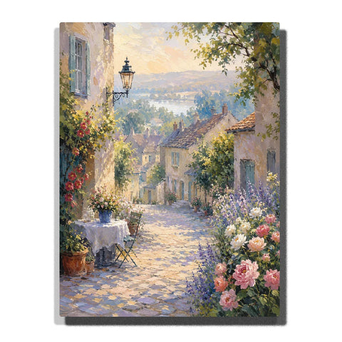 French Village Landscape Paint by Numbers For Adults featuring flower gardens, cobblestone street, countryside houses and Monet inspired impressionist scenery