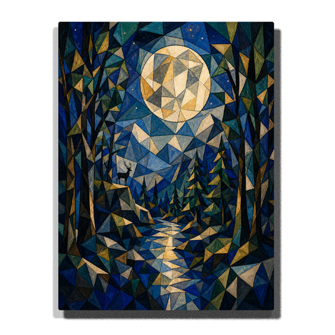 Geometric moonlit forest landscape with abstract mountains, glowing moon, river path, pine trees and Picasso inspired modern landscape artwork Paint by Numbers by PaintEasy