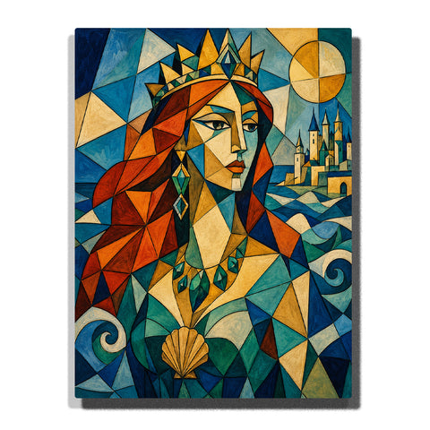 Geometric mermaid portrait with abstract cubist design, ocean waves, castle background, shell necklace and Picasso inspired fantasy artwork Paint by Numbers by PaintEasy